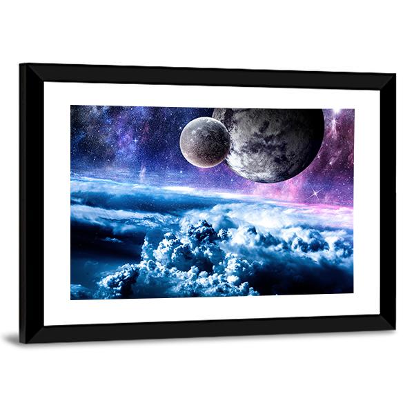 Starry Sky And Space Planets Canvas Wall Art-3 Horizontal-Gallery Wrap-25" x 16"-Tiaracle