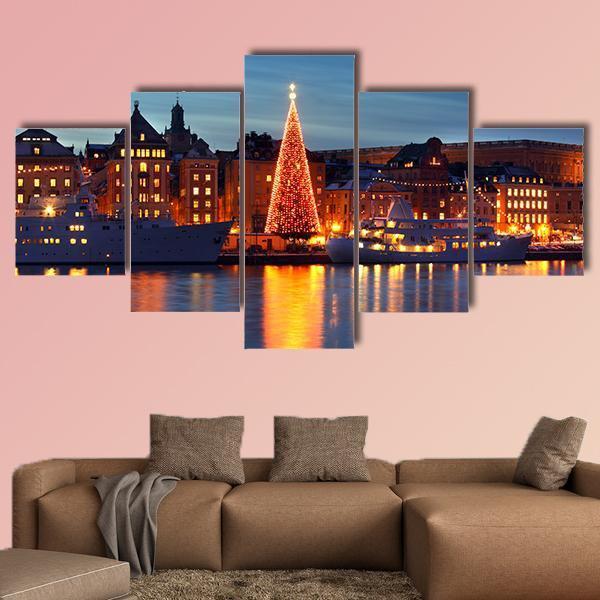 Stockholms Old City With Christmas Tree Canvas Wall Art-5 Star-Gallery Wrap-62" x 32"-Tiaracle
