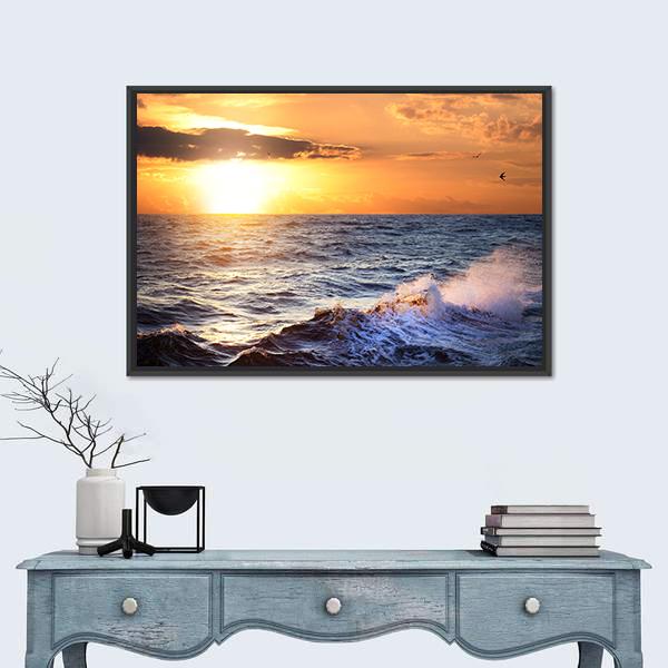 Stormy Sea With Sundown Canvas Wall Art-1 Piece-Floating Frame-24" x 16"-Tiaracle
