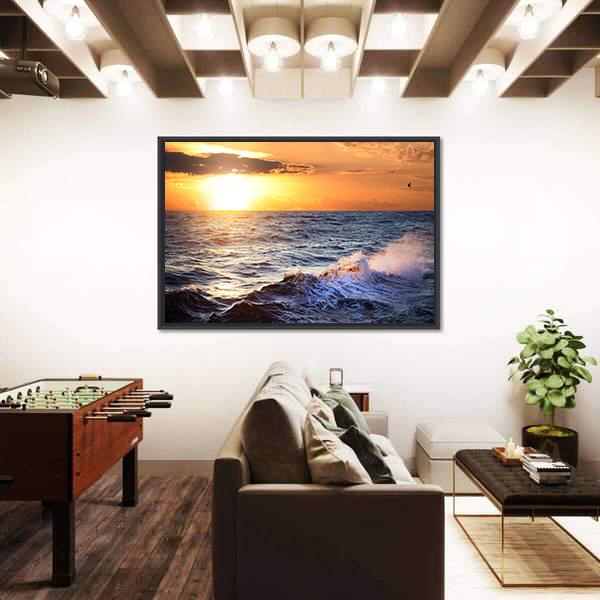 Stormy Sea With Sundown Canvas Wall Art-3 Horizontal-Gallery Wrap-25" x 16"-Tiaracle