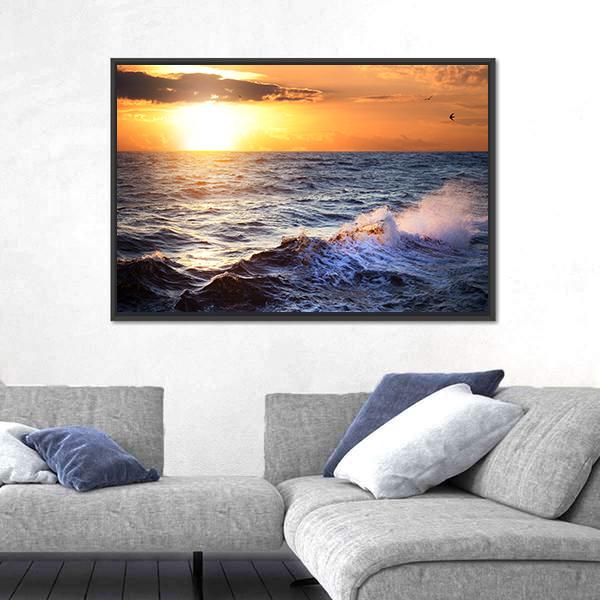 Stormy Sea With Sundown Canvas Wall Art-3 Horizontal-Gallery Wrap-25" x 16"-Tiaracle