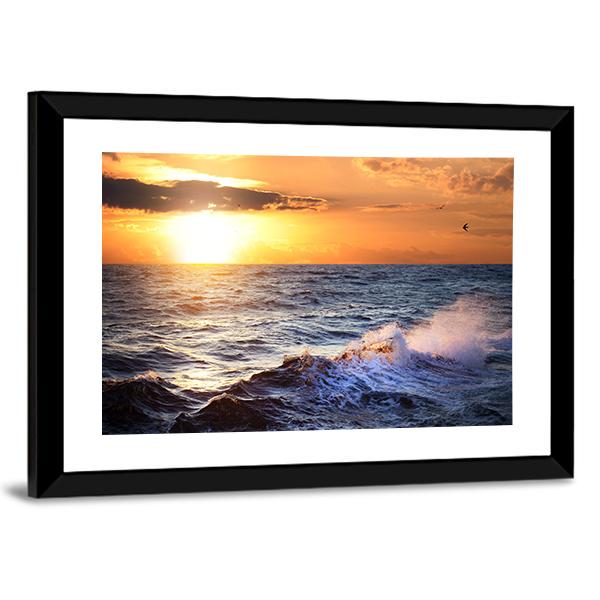 Stormy Sea With Sundown Canvas Wall Art-3 Horizontal-Gallery Wrap-25" x 16"-Tiaracle