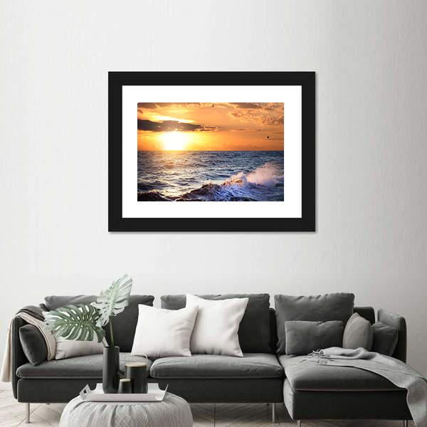 Stormy Sea With Sundown Canvas Wall Art-3 Horizontal-Gallery Wrap-25" x 16"-Tiaracle
