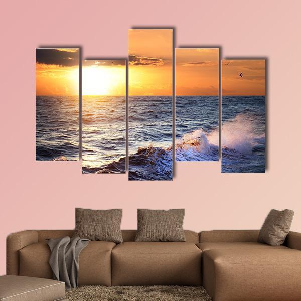 Stormy Sea With Sundown Canvas Wall Art-5 Pop-Gallery Wrap-47" x 32"-Tiaracle