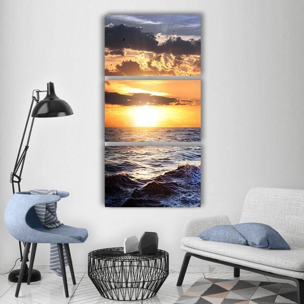 Stormy Sea With Sundown Vertical Canvas Wall Art-3 Vertical-Gallery Wrap-12" x 25"-Tiaracle