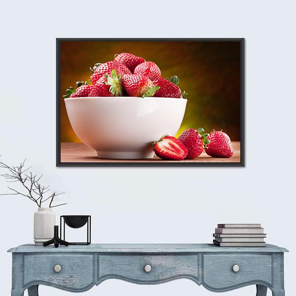 Strawberries In Bowl Canvas Wall Art-1 Piece-Floating Frame-24" x 16"-Tiaracle