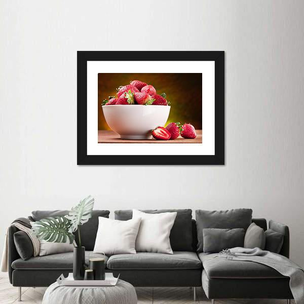 Strawberries In Bowl Canvas Wall Art-3 Horizontal-Gallery Wrap-25" x 16"-Tiaracle