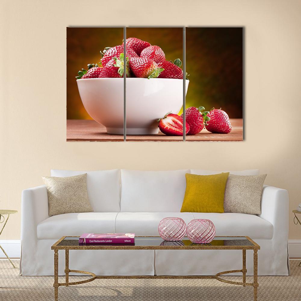 Strawberries In Bowl Canvas Wall Art-3 Horizontal-Gallery Wrap-37" x 24"-Tiaracle