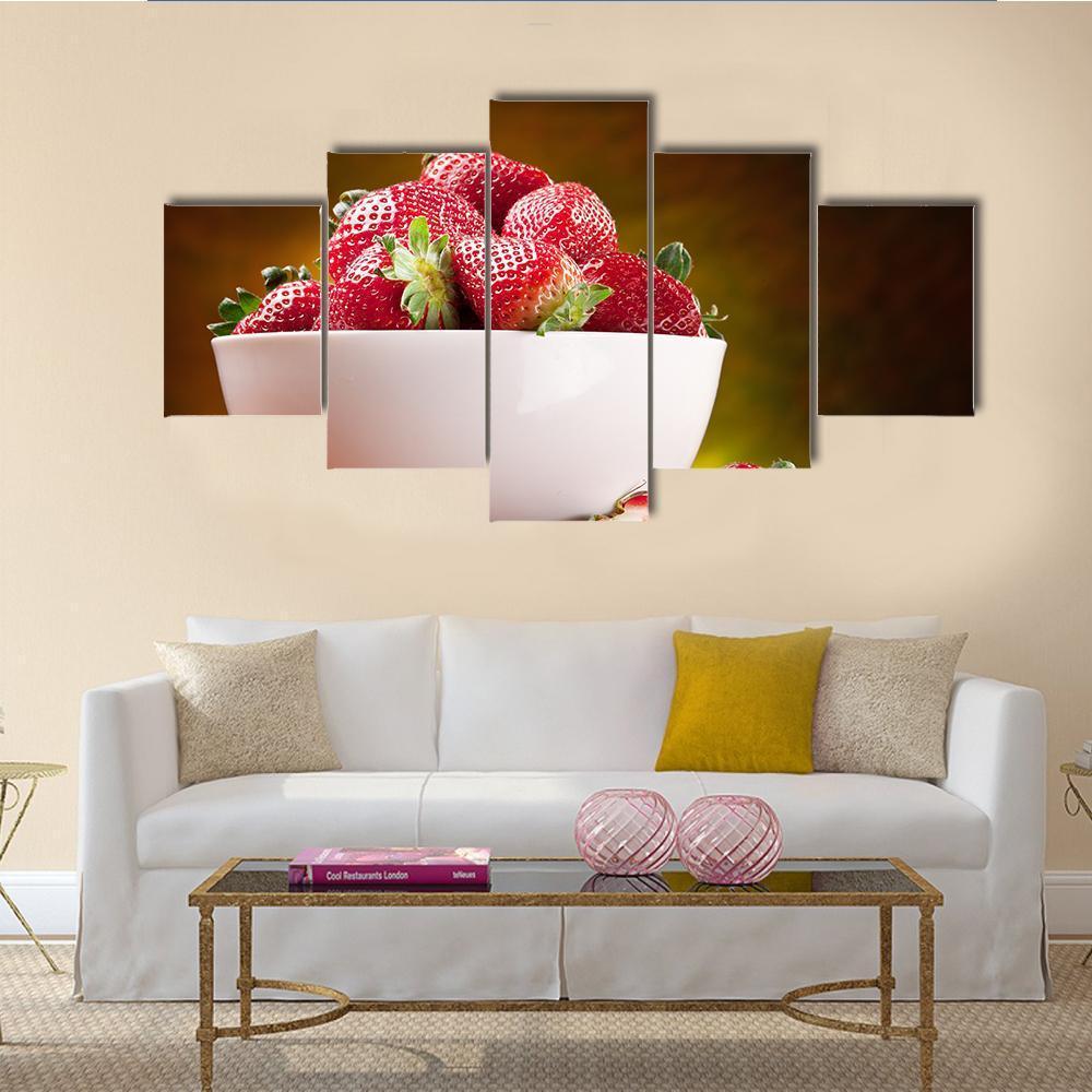 Strawberries In Bowl Canvas Wall Art-5 Star-Gallery Wrap-62" x 32"-Tiaracle