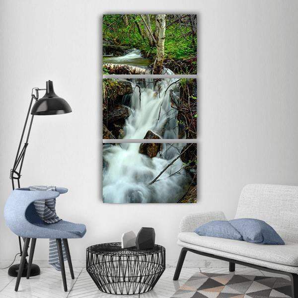 Stream Comes Waterfall In Norway Forest Vertical Canvas Wall Art-3 Vertical-Gallery Wrap-12" x 25"-Tiaracle