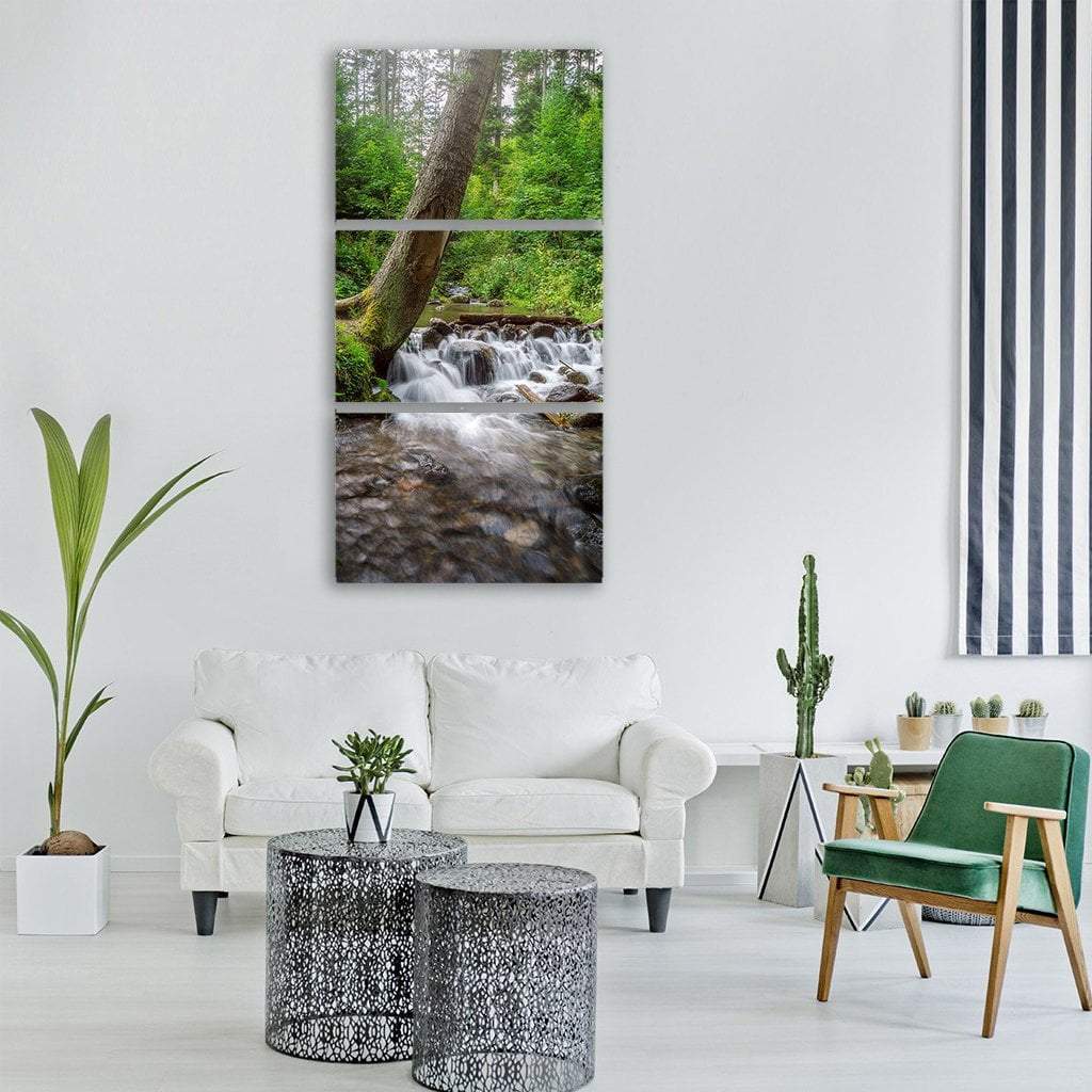 Stream Fall In Green Forest Vertical Canvas Wall Art-3 Vertical-Gallery Wrap-12" x 25"-Tiaracle