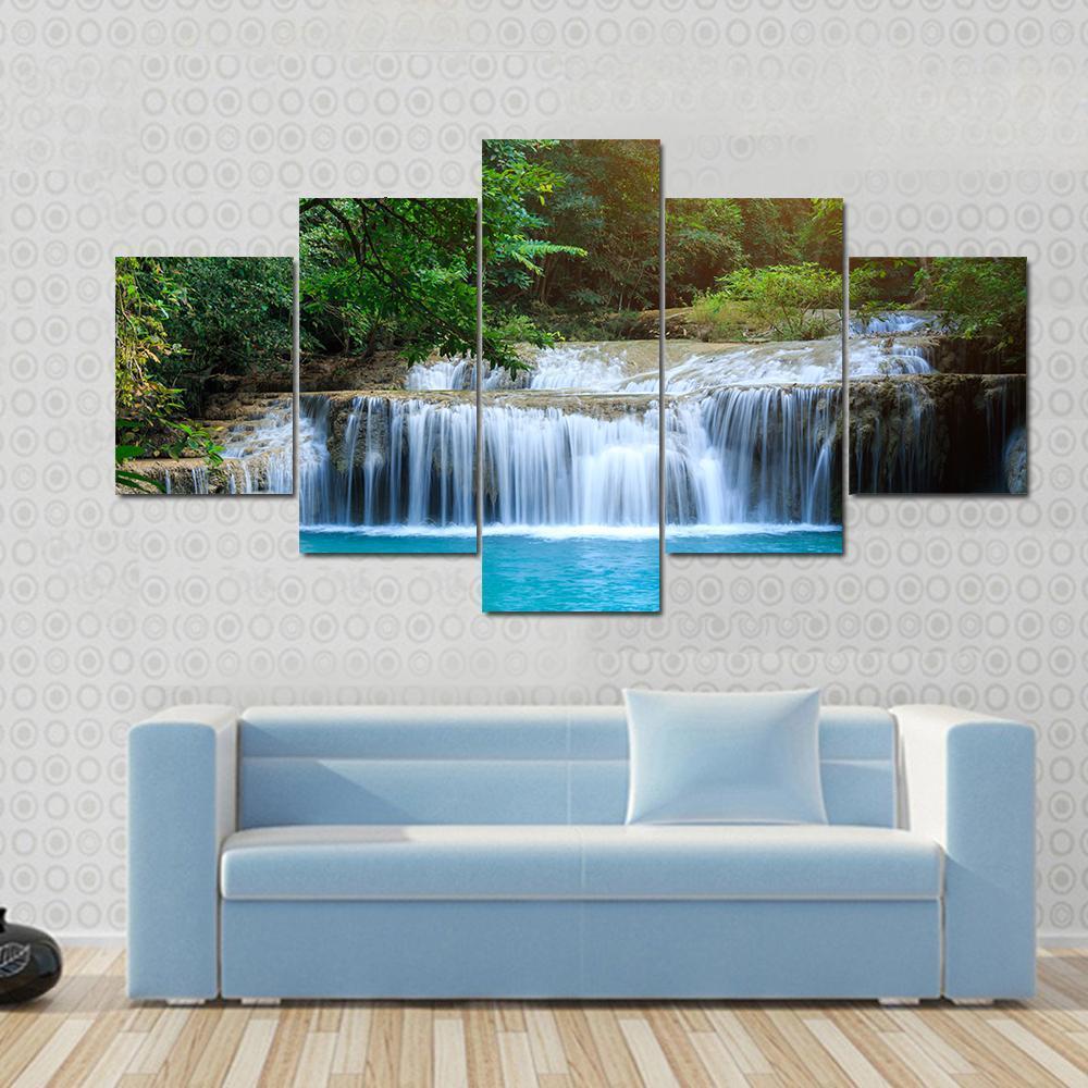 Stream In Green Forest Jungle Canvas Wall Art-5 Star-Gallery Wrap-62" x 32"-Tiaracle