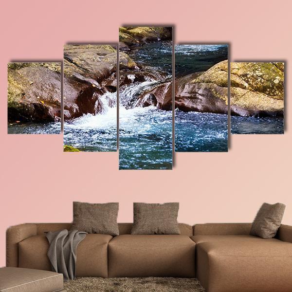 Stream In Rain Forest With Little Waterfalls Canvas Wall Art-5 Star-Gallery Wrap-62" x 32"-Tiaracle