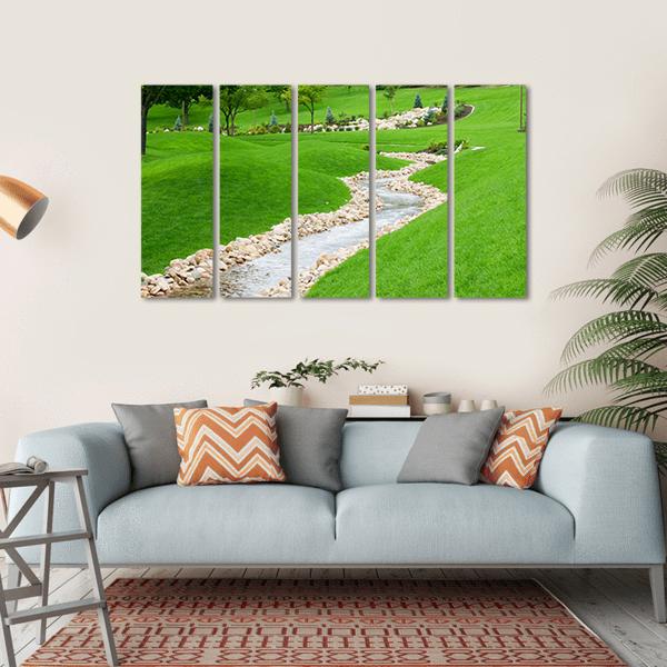 Stream Of Water Flowing Through Grassy Hills With Trees Canvas Wall Art-5 Horizontal-Gallery Wrap-22" x 12"-Tiaracle