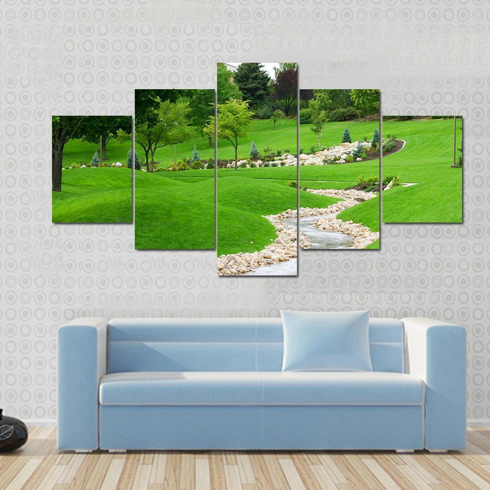 Stream Of Water Flowing Through Grassy Hills With Trees Canvas Wall Art-5 Star-Gallery Wrap-62" x 32"-Tiaracle