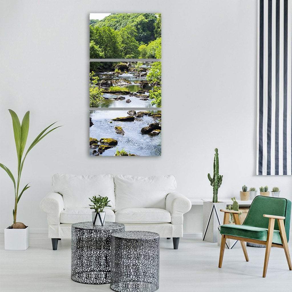 Stream Water In Green Forest Trees Vertical Canvas Wall Art-3 Vertical-Gallery Wrap-12" x 25"-Tiaracle