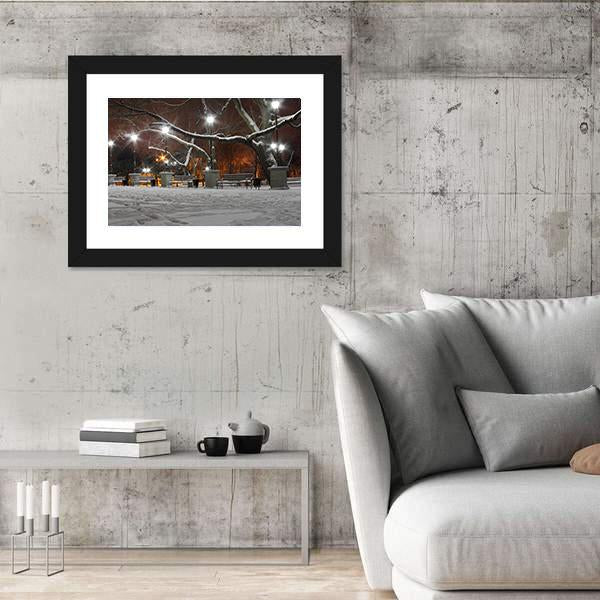 Street Lanterns In Park At Winter Night Canvas Wall Art-3 Horizontal-Gallery Wrap-25" x 16"-Tiaracle