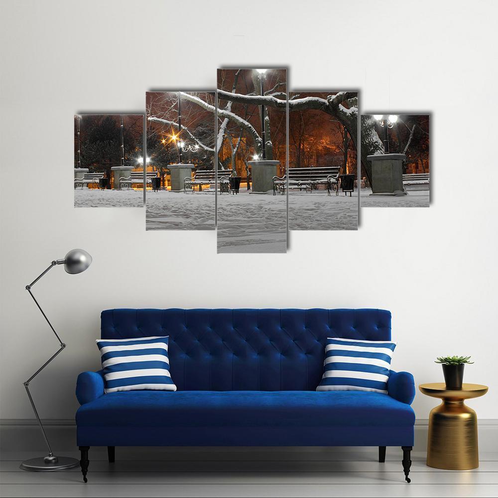 Street Lanterns In Park At Winter Night Canvas Wall Art-5 Star-Gallery Wrap-62" x 32"-Tiaracle