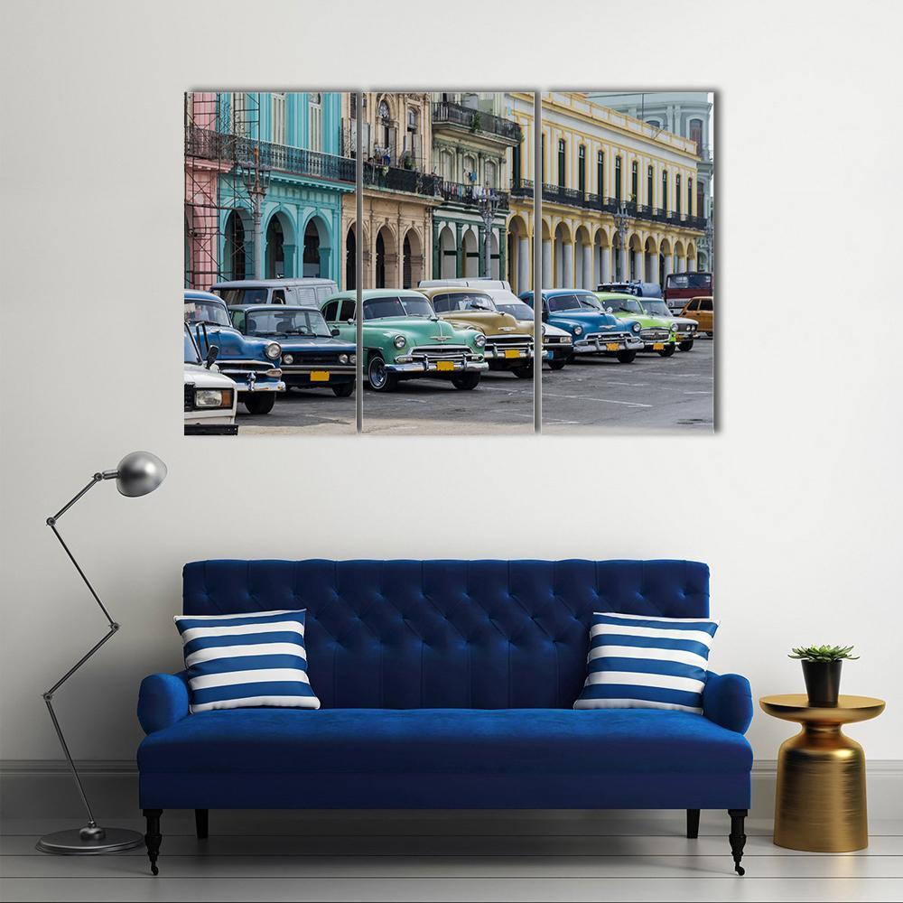 Street Scene With Vintage Car In Havana Canvas Wall Art-3 Horizontal-Gallery Wrap-37" x 24"-Tiaracle