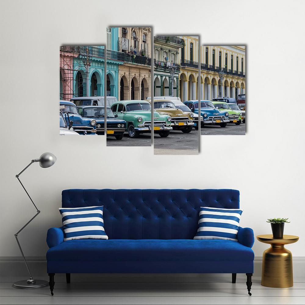Street Scene With Vintage Car In Havana Canvas Wall Art-4 Pop-Gallery Wrap-50" x 32"-Tiaracle