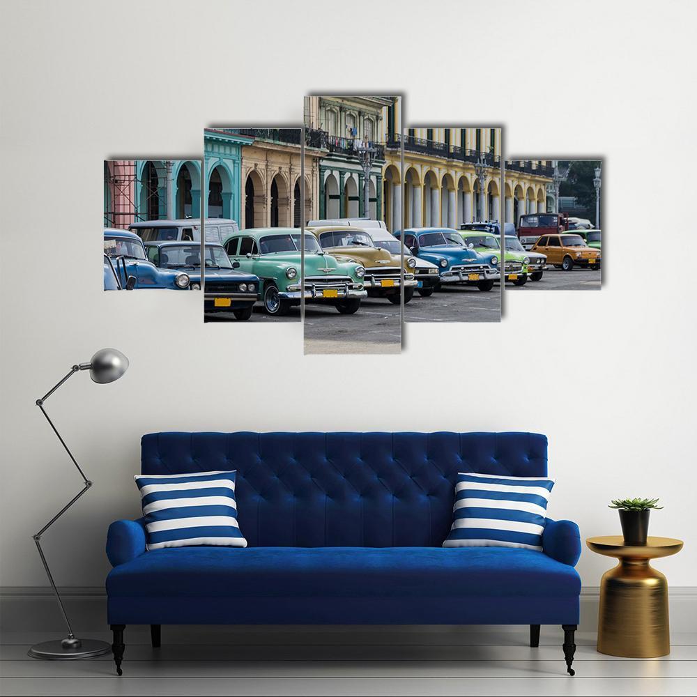 Street Scene With Vintage Car In Havana Canvas Wall Art-5 Star-Gallery Wrap-62" x 32"-Tiaracle