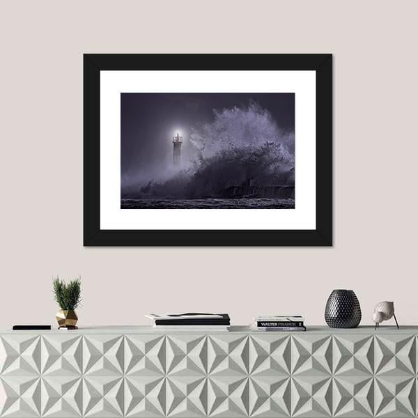 Strong Sea Waves Hitting Light House Canvas Wall Art-1 Piece-Framed Print-20" x 16"-Tiaracle