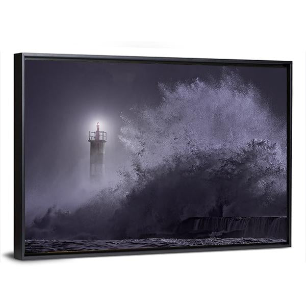Strong Sea Waves Hitting Light House Canvas Wall Art-3 Horizontal-Gallery Wrap-25" x 16"-Tiaracle