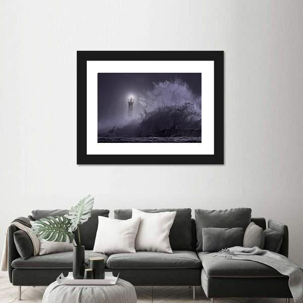 Strong Sea Waves Hitting Light House Canvas Wall Art-3 Horizontal-Gallery Wrap-25" x 16"-Tiaracle