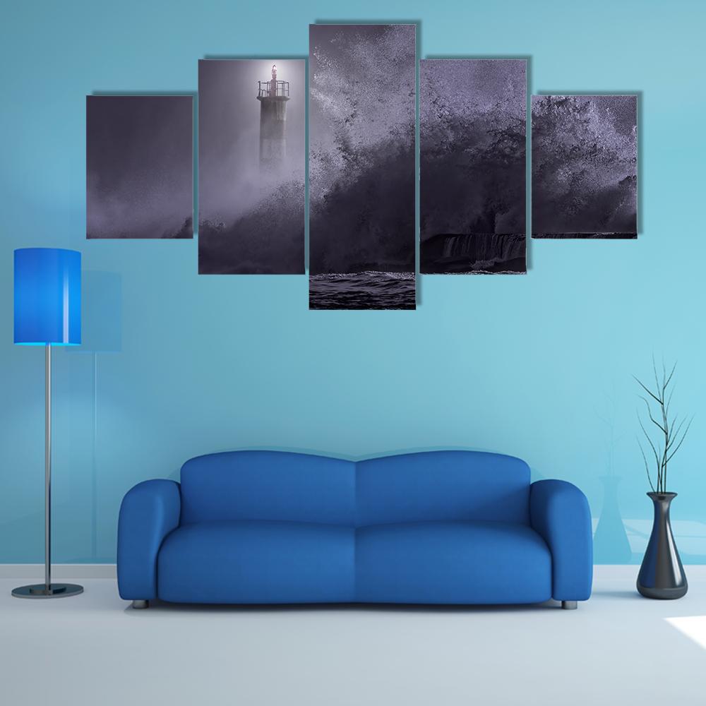 Strong Sea Waves Hitting Light House Canvas Wall Art-5 Star-Gallery Wrap-62" x 32"-Tiaracle