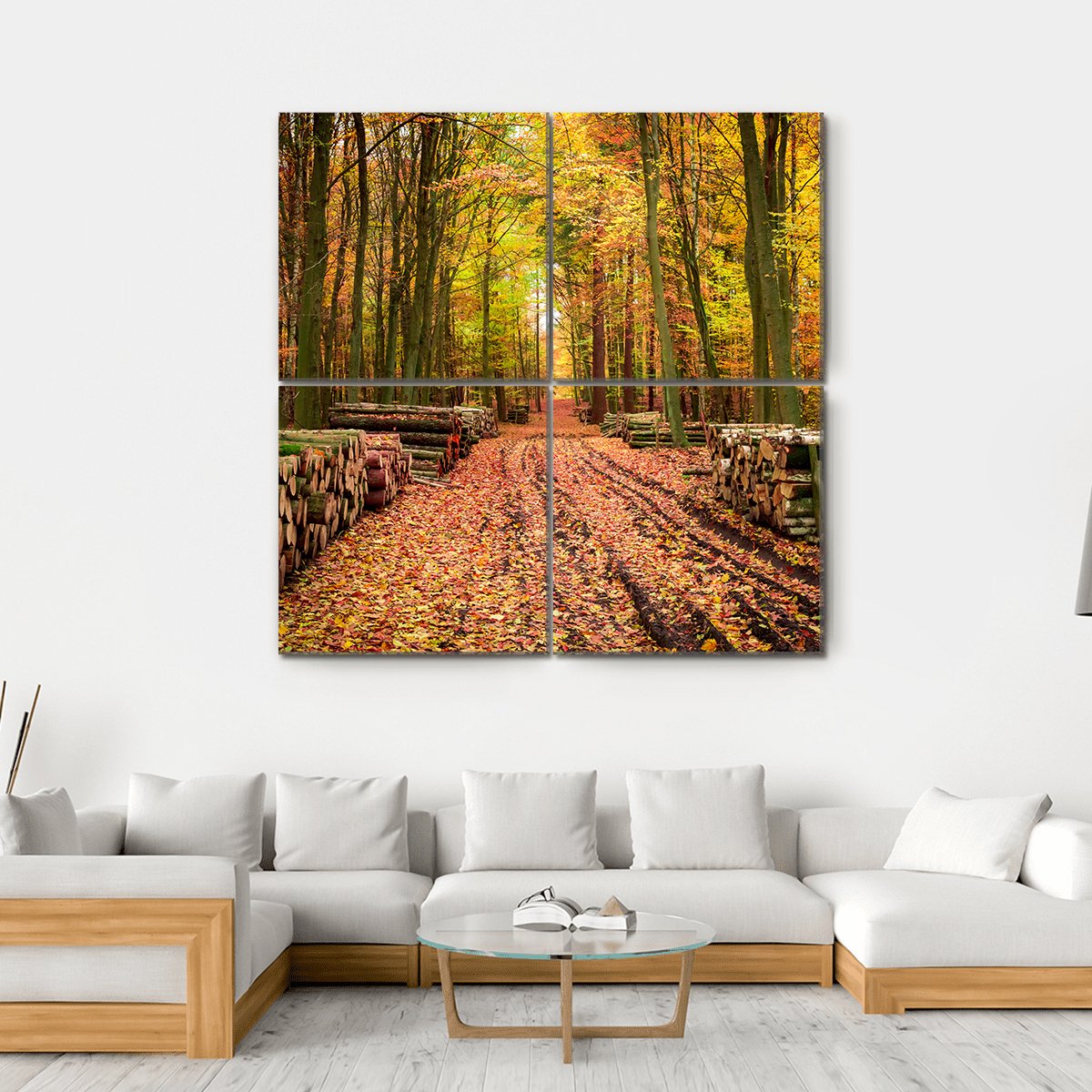 Stumped Tree In An Autumn Forest Canvas Wall Art-4 Square-Gallery Wrap-17" x 17"-Tiaracle