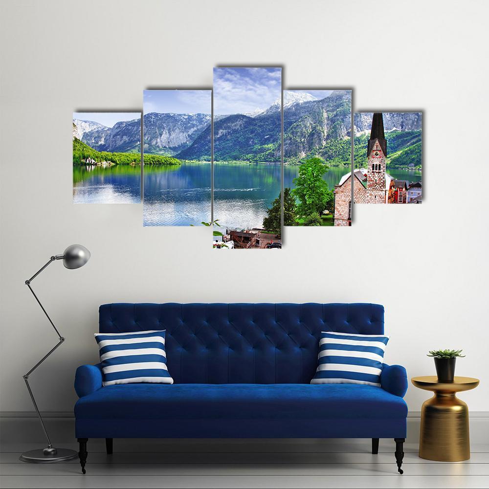 Stunning Alpen Scenery Of Hallstatt Canvas Wall Art-5 Star-Gallery Wrap-62" x 32"-Tiaracle