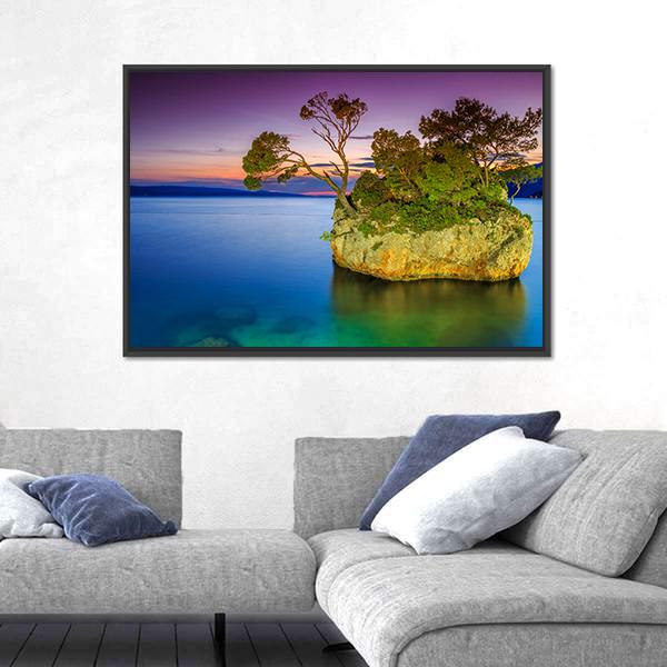 Stunning Sunset Landscape With Rocky Island Canvas Wall Art-3 Horizontal-Gallery Wrap-25" x 16"-Tiaracle