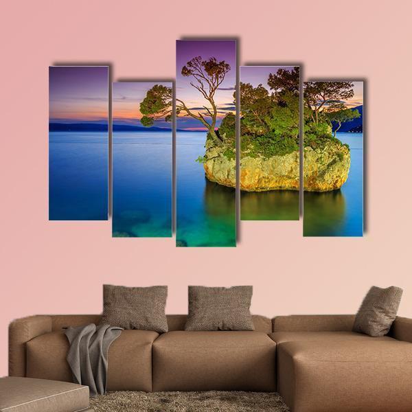 Stunning Sunset Landscape With Rocky Island Canvas Wall Art-5 Pop-Gallery Wrap-47" x 32"-Tiaracle