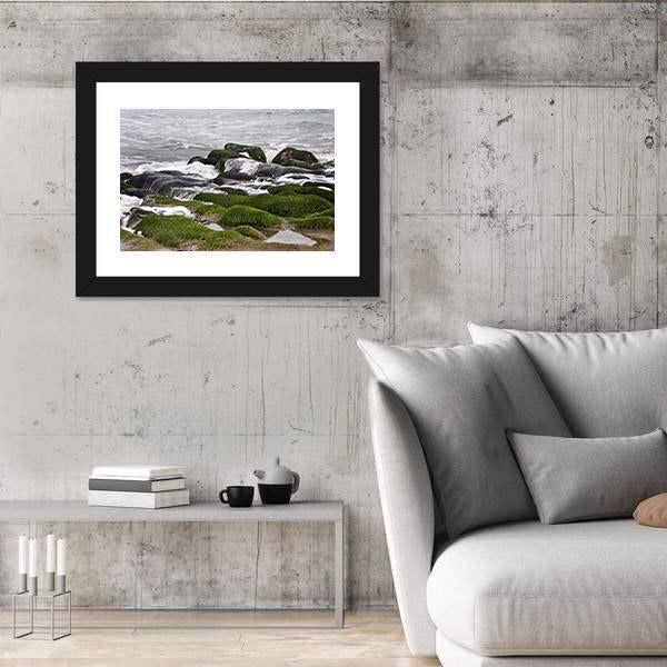 Green Rocks At Beach Canvas Wall Art-3 Horizontal-Gallery Wrap-25" x 16"-Tiaracle
