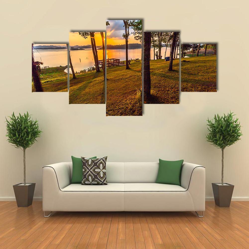 Stunning View Of The Lake In Sunset Time Canvas Wall Art-5 Star-Gallery Wrap-62" x 32"-Tiaracle