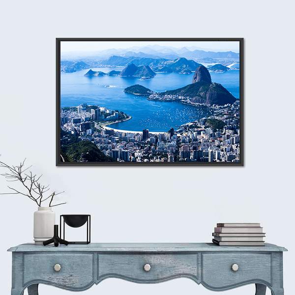 Suggar Loaf And Botafogo Beach Canvas Wall Art-1 Piece-Floating Frame-36" x 24"-Tiaracle