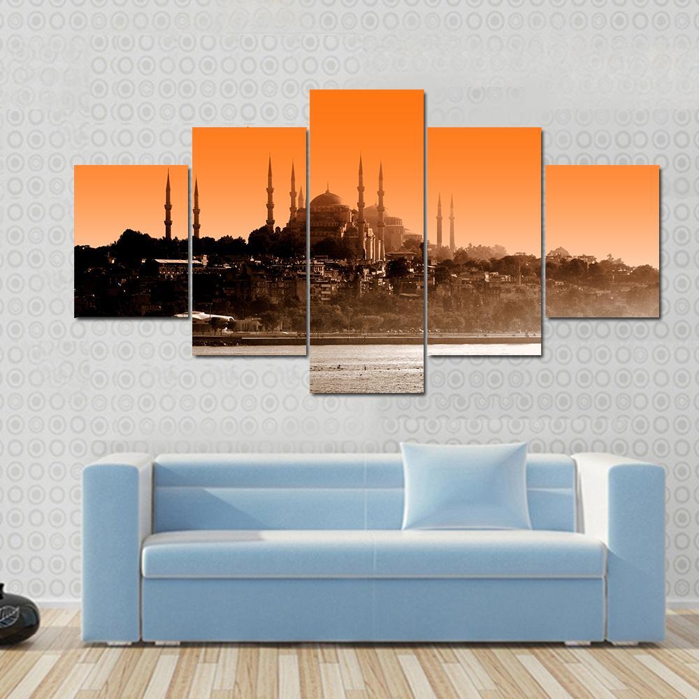 Sultan Ahmet Mosque At Sunset In Istanbul Canvas Wall Art-5 Star-Gallery Wrap-62" x 32"-Tiaracle