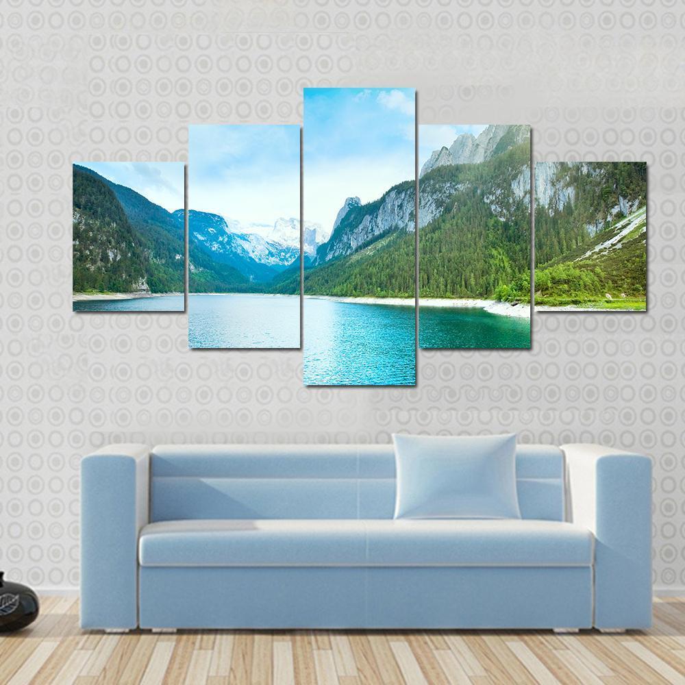 Summer Alpine Lake Gosausee View And Sunshine In Sky Austria Canvas Wall Art-5 Star-Gallery Wrap-62" x 32"-Tiaracle