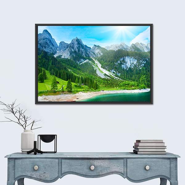 Summer Alpine Mountain Lake Canvas Wall Art-1 Piece-Floating Frame-24" x 16"-Tiaracle