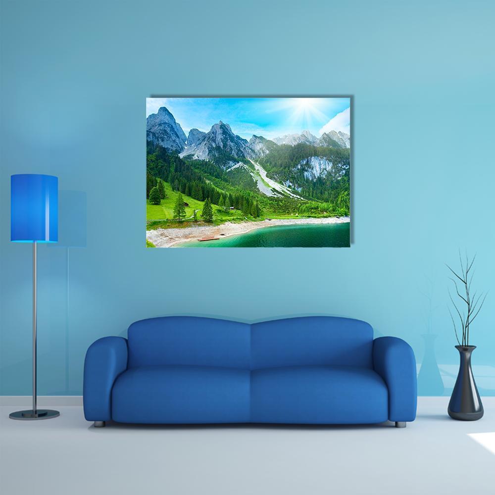 Summer Alpine Mountain Lake Canvas Wall Art-1 Piece-Gallery Wrap-48" x 32"-Tiaracle