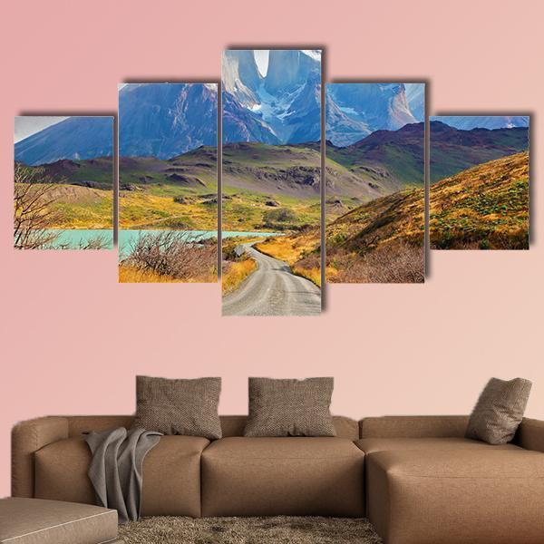 Majestic Peaks Of Los Kuernos Canvas Wall Art-5 Star-Gallery Wrap-62" x 32"-Tiaracle