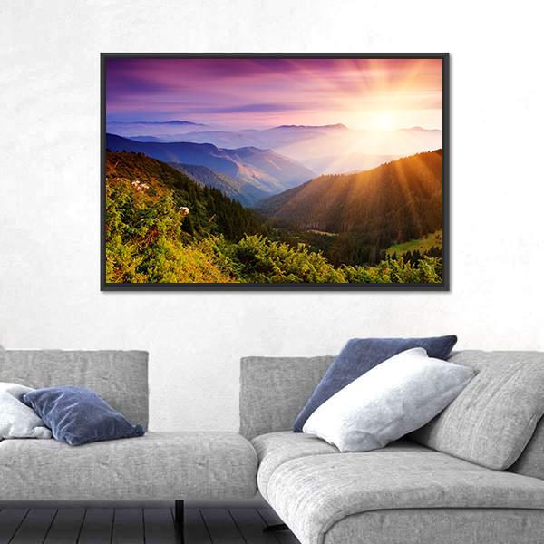 Summer Landscape In Mountains With Sun Canvas Wall Art-3 Horizontal-Gallery Wrap-25" x 16"-Tiaracle