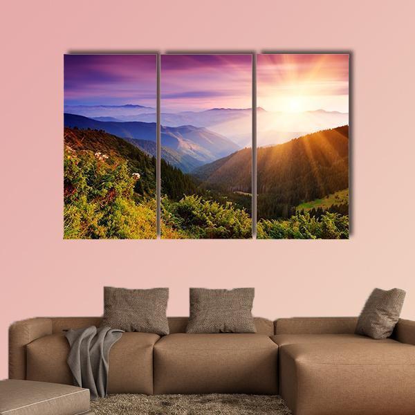 Summer Landscape In Mountains With Sun Canvas Wall Art-3 Horizontal-Gallery Wrap-37" x 24"-Tiaracle