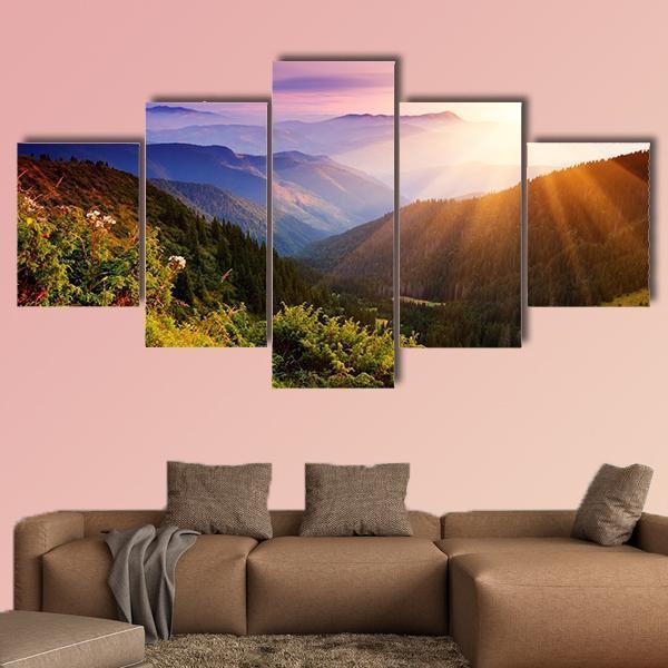 Summer Landscape In Mountains With Sun Canvas Wall Art-5 Star-Gallery Wrap-62" x 32"-Tiaracle