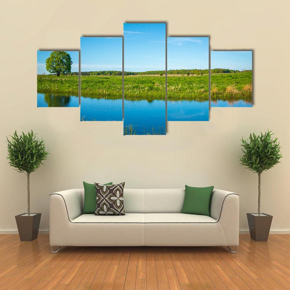 Summer Landscape Near A Pond Canvas Wall Art-5 Star-Gallery Wrap-62" x 32"-Tiaracle