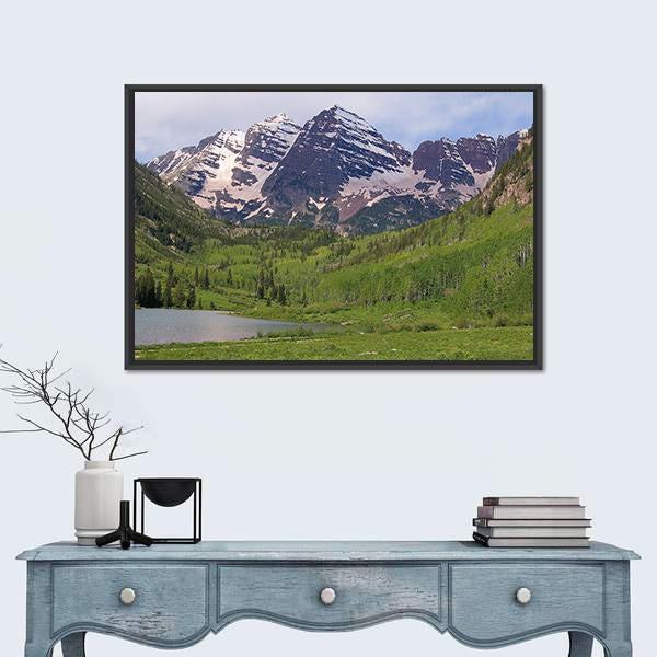 Summer Maroon Bells At Noon Canvas Wall Art-1 Piece-Floating Frame-24" x 16"-Tiaracle