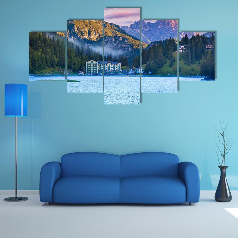 Summer Morning On The Lake Misurina Canvas Wall Art-5 Star-Gallery Wrap-62" x 32"-Tiaracle