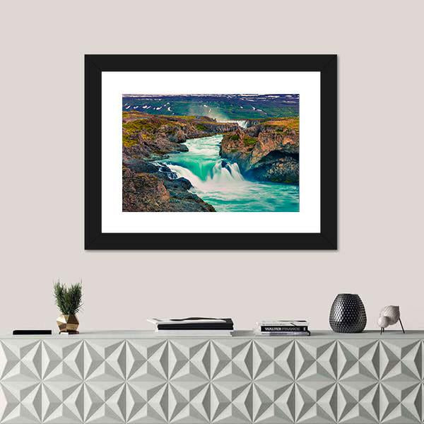 Summer Morning Scene On Godafoss Waterfall Canvas Wall Art-1 Piece-Framed Print-20" x 16"-Tiaracle