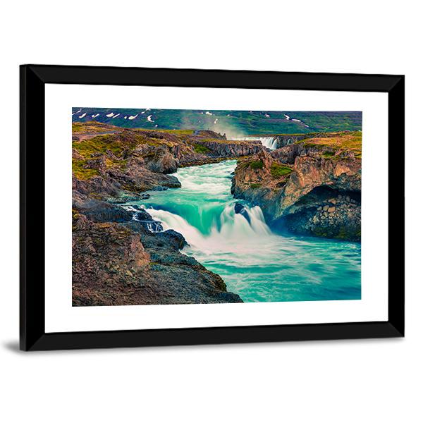Summer Morning Scene On Godafoss Waterfall Canvas Wall Art-3 Horizontal-Gallery Wrap-25" x 16"-Tiaracle
