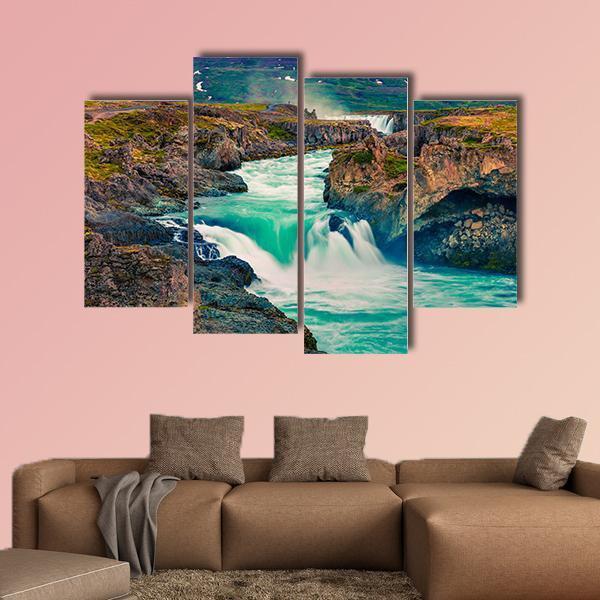Summer Morning Scene On Godafoss Waterfall Canvas Wall Art-4 Pop-Gallery Wrap-50" x 32"-Tiaracle